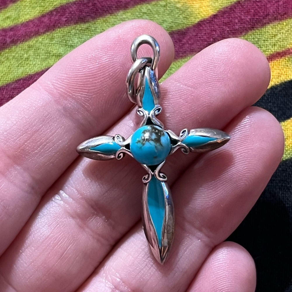 Vintage Southwestern Style Turquoise Sterling Silver 925 Cross Pendant Signed